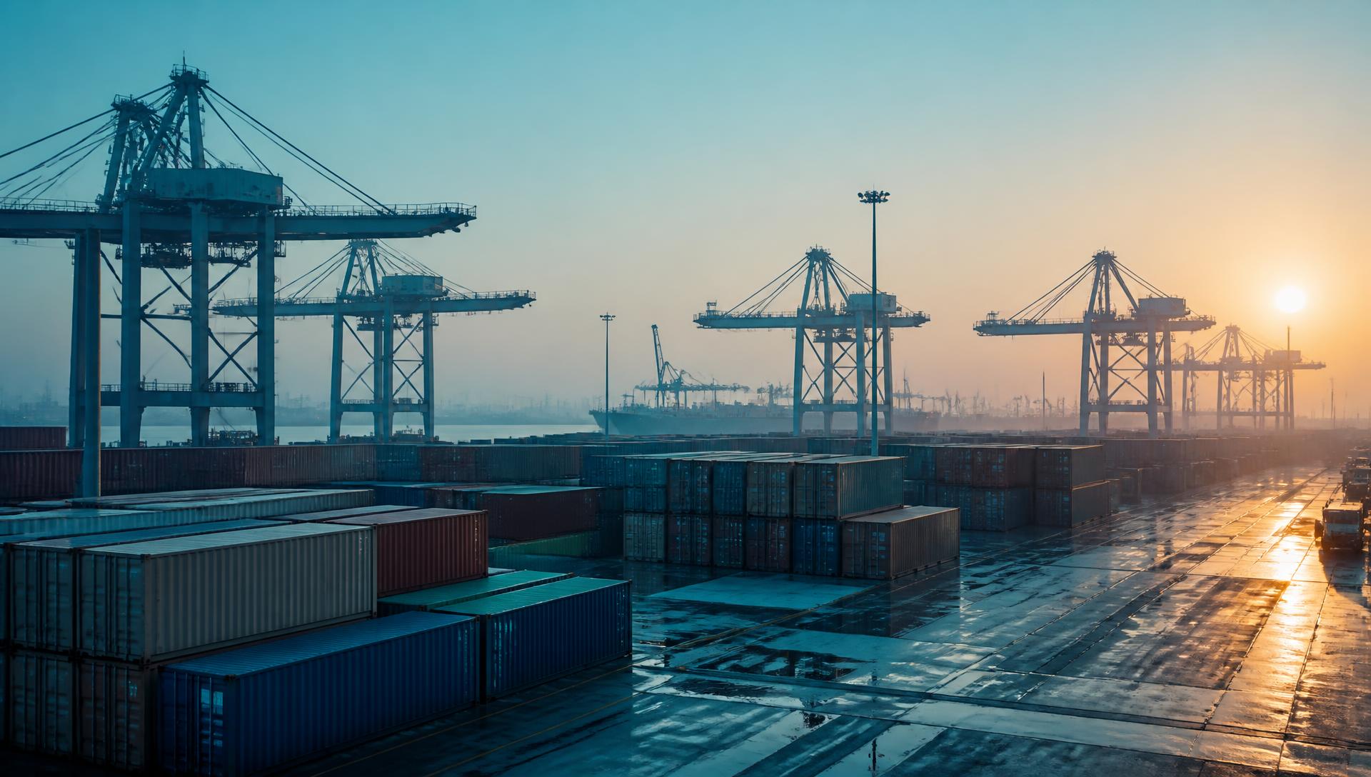 Container terminal at dawn with gantry cranes