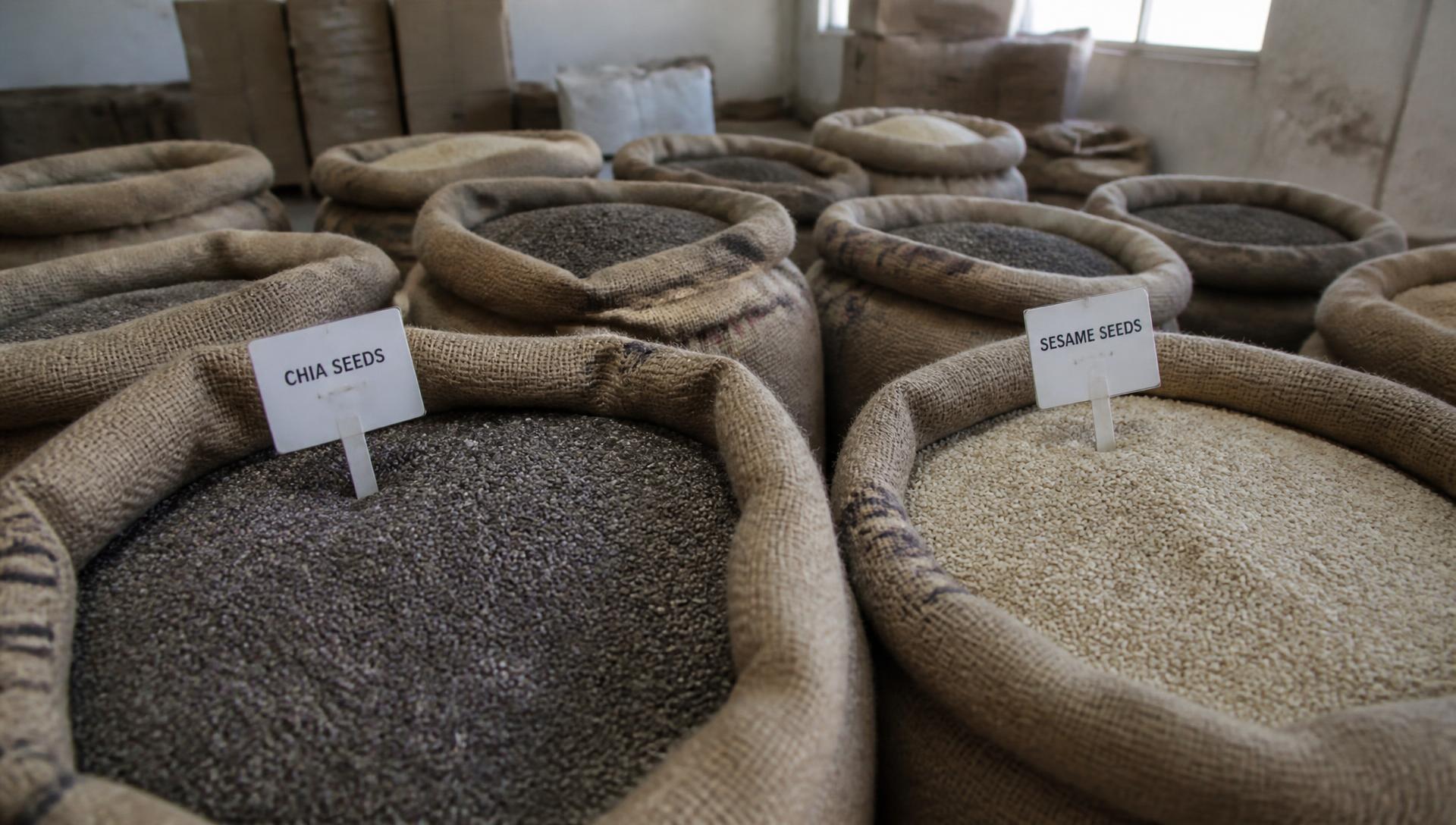 Jute sacks of chia and sesame seeds in a warehouse